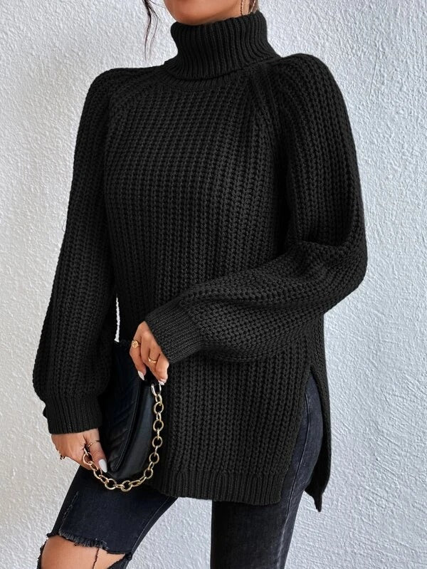 Black Long Sleeve High Turtleneck Slouchy Ribbed Sweater