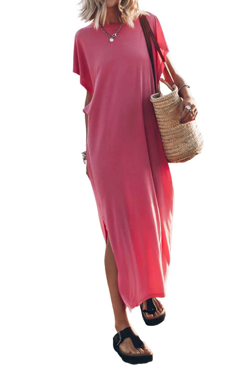 Pink Crew Neck Bat Sleeve Split Maxi T-shirt Dress