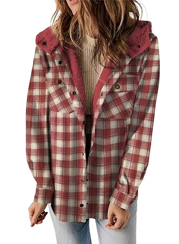 Plaid Shacket Jacket Long Sleeve Button Down Fleece Hooded Jackets Warm Coat