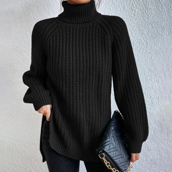 Black Long Sleeve High Turtleneck Slouchy Ribbed Sweater