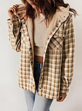 Plaid Shacket Jacket Long Sleeve Button Down Fleece Hooded Jackets Warm Coat