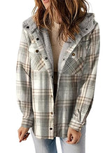 Plaid Shacket Jacket Long Sleeve Button Down Fleece Hooded Jackets Warm Coat