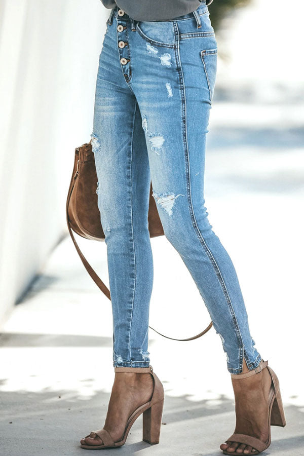 All-match Ripped High-elastic Ankle Slit Jeans