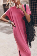 Pink Crew Neck Bat Sleeve Split Maxi T-shirt Dress