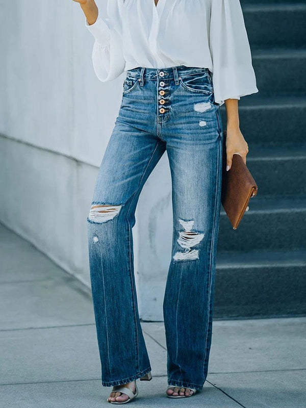 Casual Street Solid Ripped Buckle High Waist Straight Denim Jeans