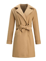 Women's Stylish Solid Color Classy Collared Overcoat With Waist Tie And Hand Pockets