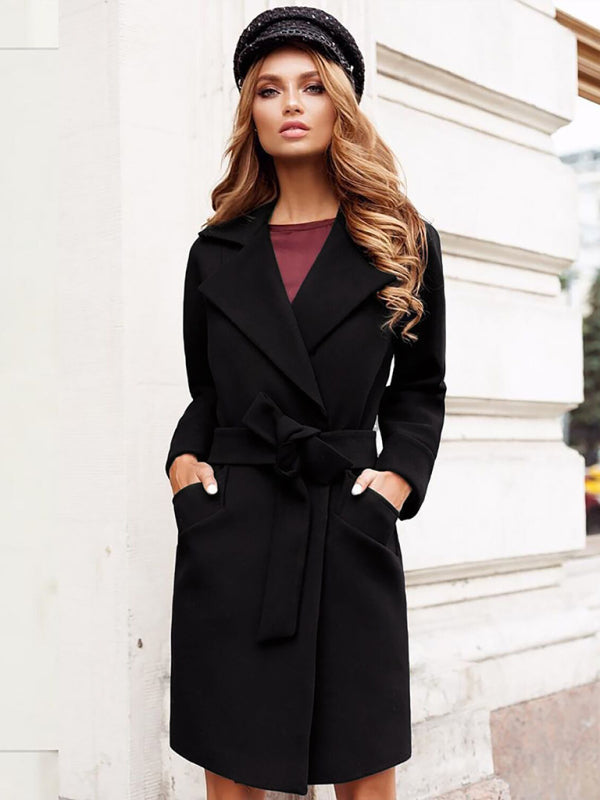 Women's Stylish Solid Color Classy Collared Overcoat With Waist Tie And Hand Pockets